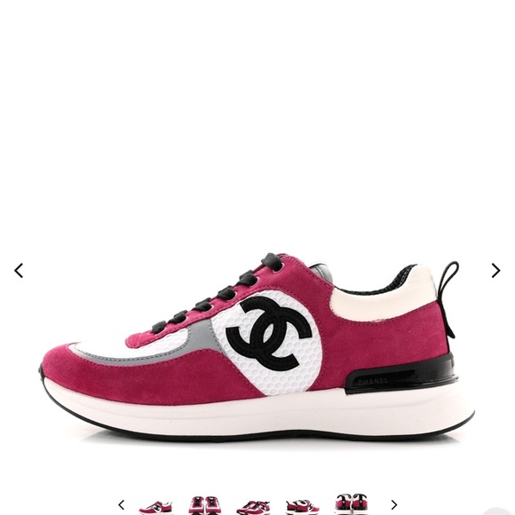 Chanel Mesh Suede Calfskin Womens CC Sneakers 38 White Dark Pink Grey - Picture 3 of 12